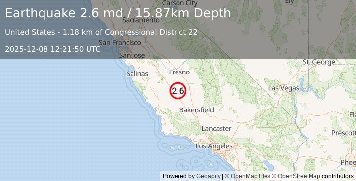 Earthquake 13 km NE of Kettleman City, CA (2.6 md) (2025-12-08 12:21:50 UTC)