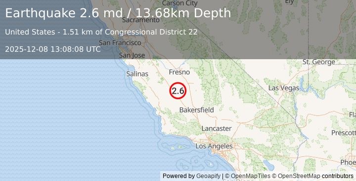 Earthquake 13 km ENE of Kettleman City, CA (2.6 md) (2025-12-08 13:08:08 UTC)