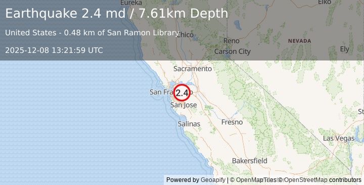 Earthquake 3 km SSE of San Ramon, CA (2.4 md) (2025-12-08 13:21:59 UTC)