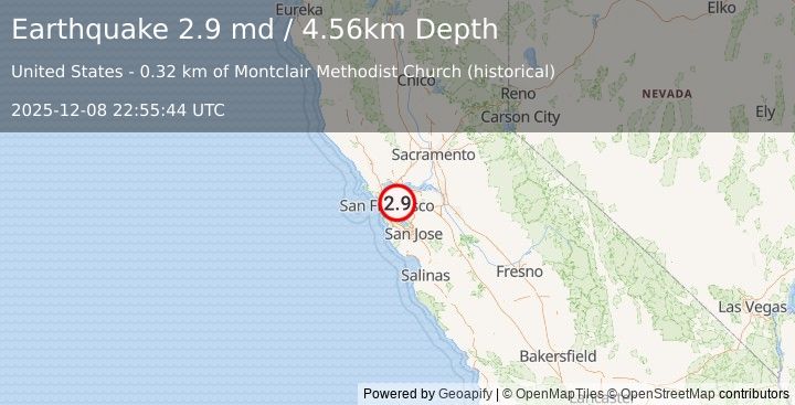 Earthquake 2 km E of Piedmont, CA (2.9 md) (2025-12-08 22:55:44 UTC)
