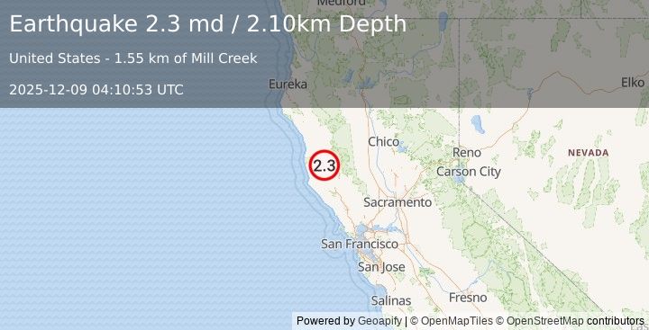 Earthquake 7 km WNW of Redwood Valley, CA (2.3 md) (2025-12-09 04:10:53 UTC)