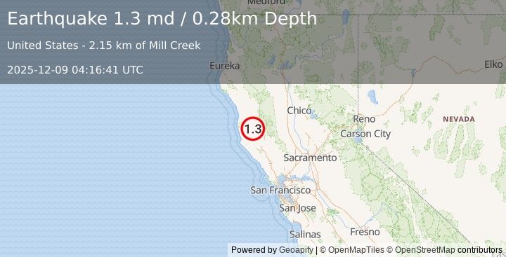 Earthquake 7 km WNW of Redwood Valley, CA (1.3 md) (2025-12-09 04:16:41 UTC)
