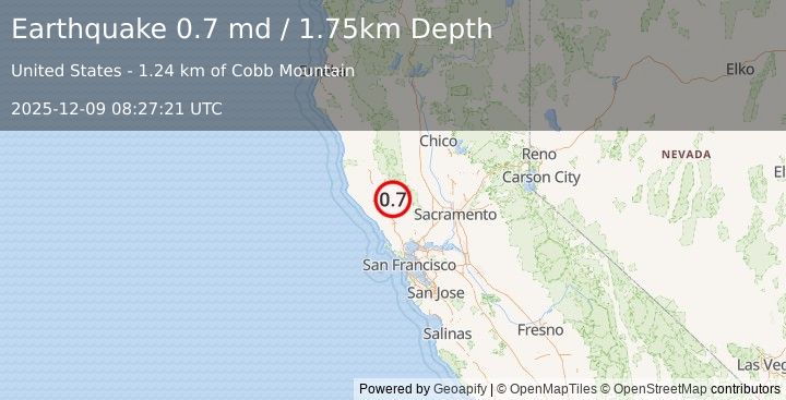 Earthquake 3 km N of The Geysers, CA (0.7 md) (2025-12-09 08:27:21 UTC)