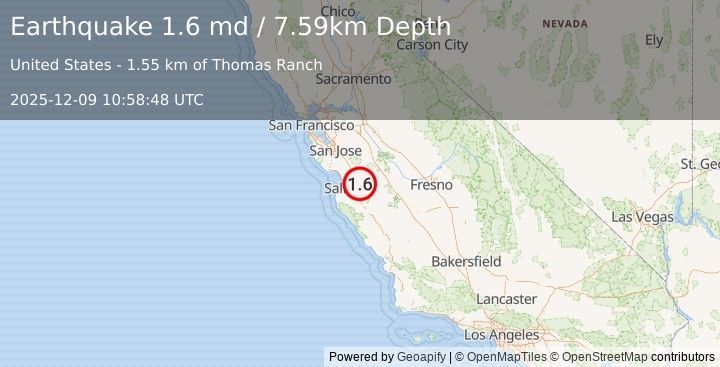 Earthquake 5 km SW of Tres Pinos, CA (1.6 md) (2025-12-09 10:58:48 UTC)