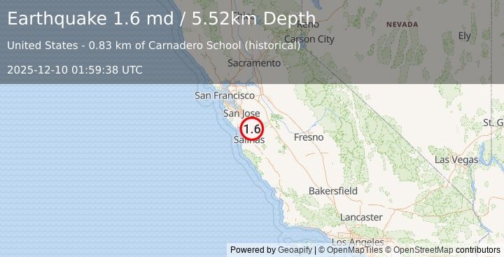 Earthquake 6 km S of Gilroy, CA (1.6 md) (2025-12-10 01:59:38 UTC)