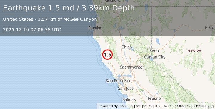 Earthquake 4 km NW of Redwood Valley, CA (1.5 md) (2025-12-10 07:06:38 UTC)
