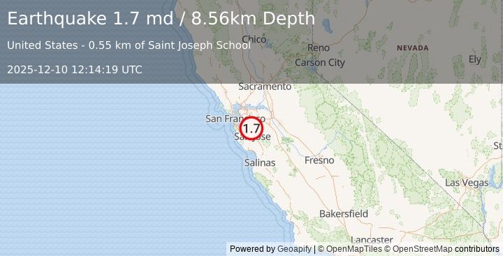 Earthquake 6 km E of Fremont, CA (1.7 md) (2025-12-10 12:14:19 UTC)