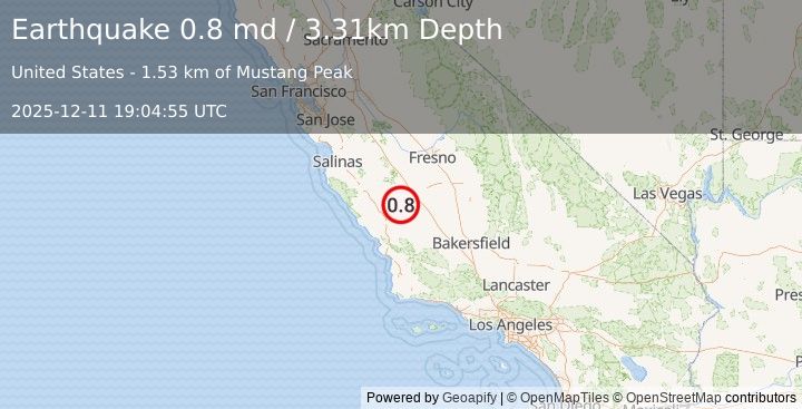 Earthquake 10 km NNE of Parkfield, CA (0.8 md) (2025-12-11 19:04:55 UTC)