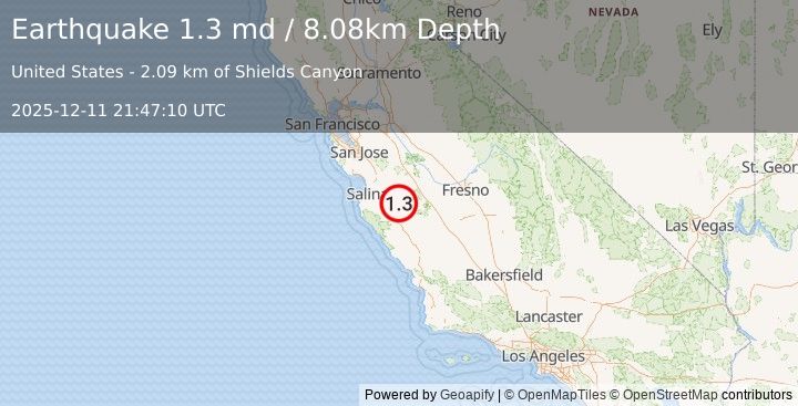 Earthquake 4 km ESE of Pinnacles, CA (1.3 md) (2025-12-11 21:47:10 UTC)