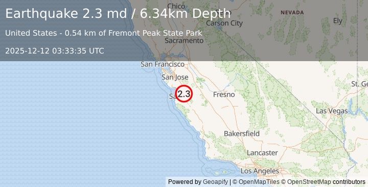 Earthquake 10 km SSE of San Juan Bautista, CA (2.3 md) (2025-12-12 03:33:35 UTC)