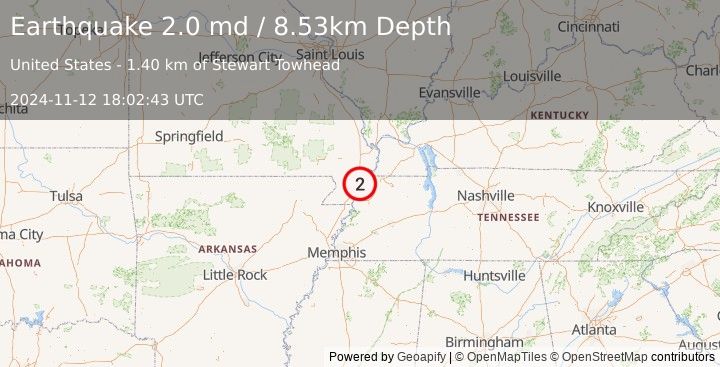 Earthquake 5 km W of Tiptonville, Tennessee (2.0 md) (2024-11-12 18:02:43 UTC)