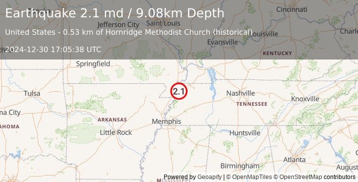 Earthquake 3 km S of Ridgely, Tennessee (2.1 md) (2024-12-30 17:05:38 UTC)