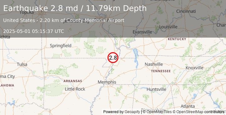 Earthquake 2 km NNW of Marston, Missouri (2.8 md) (2025-05-01 05:15:37 UTC)