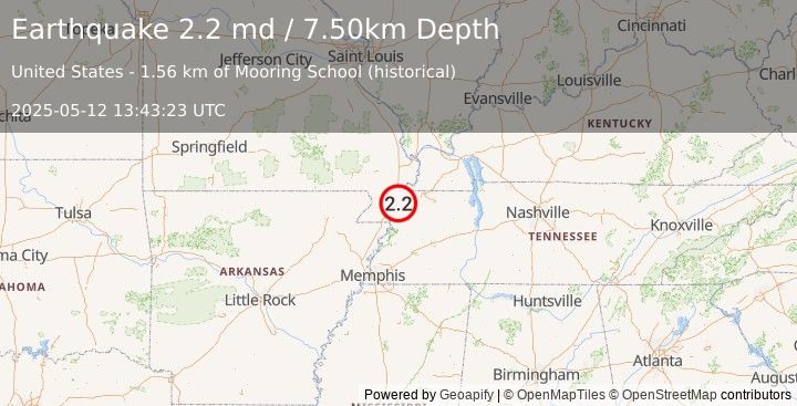 Earthquake 6 km NW of Ridgely, Tennessee (2.2 md) (2025-05-12 13:43:23 UTC)