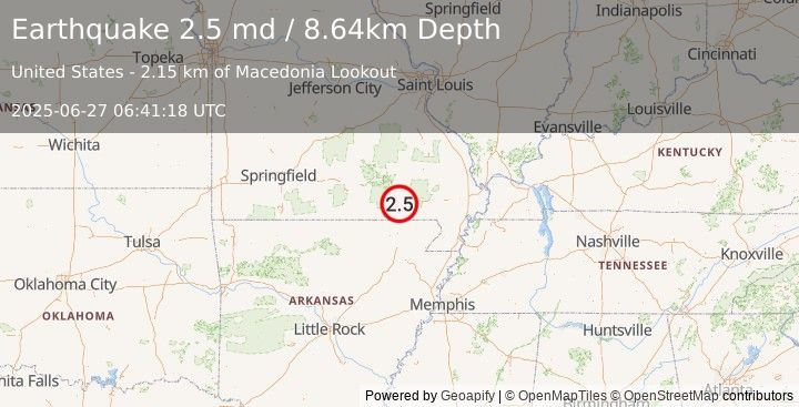 Earthquake 10 km SW of Grandin, Missouri (2.5 md) (2025-06-27 06:41:18 UTC)