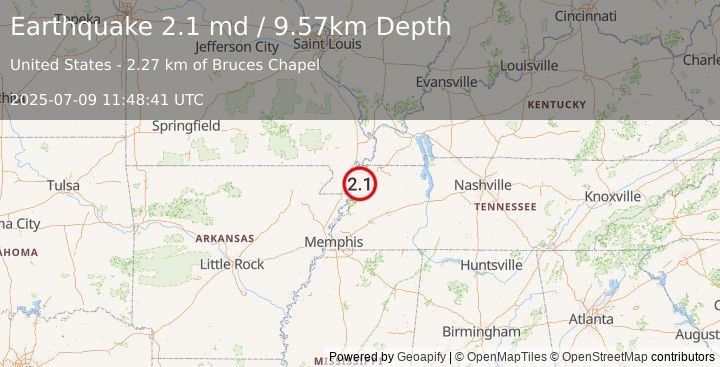 Earthquake 8 km S of Ridgely, Tennessee (2.1 md) (2025-07-09 11:48:41 UTC)