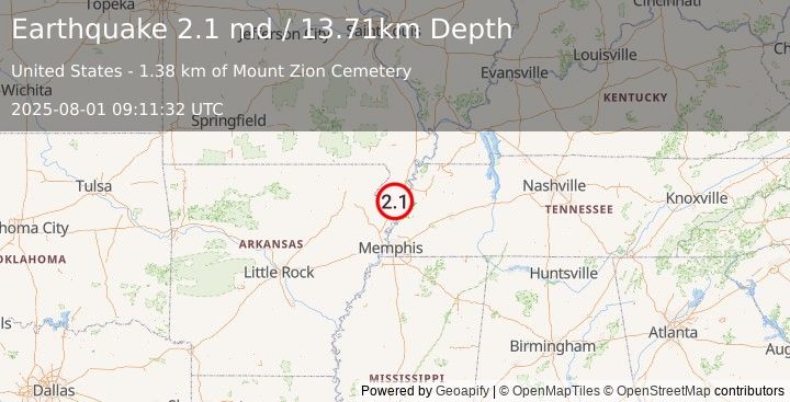 Earthquake 4 km WSW of Blytheville, Arkansas (2.1 md) (2025-08-01 09:11:32 UTC)