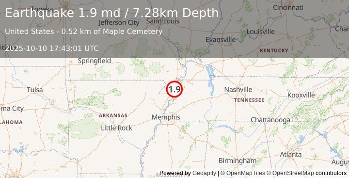 Earthquake 2 km S of Caruthersville, Missouri (1.9 md) (2025-10-10 17:43:01 UTC)