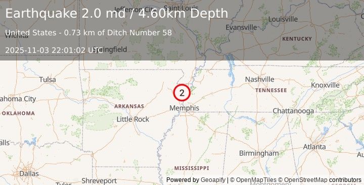 Earthquake 4 km WNW of Keiser, Arkansas (2.0 md) (2025-11-03 22:01:02 UTC)