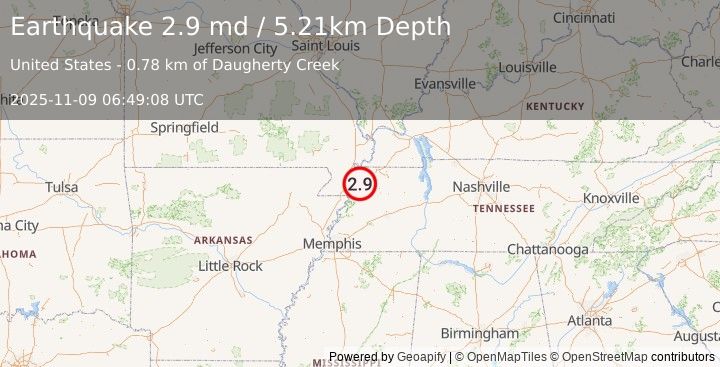 Earthquake 7 km SE of Ridgely, Tennessee (2.9 md) (2025-11-09 06:49:08 UTC)