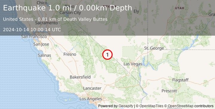 Earthquake 30 km SW of Beatty, Nevada (1.0 ml) (2024-10-14 10:00:14 UTC)