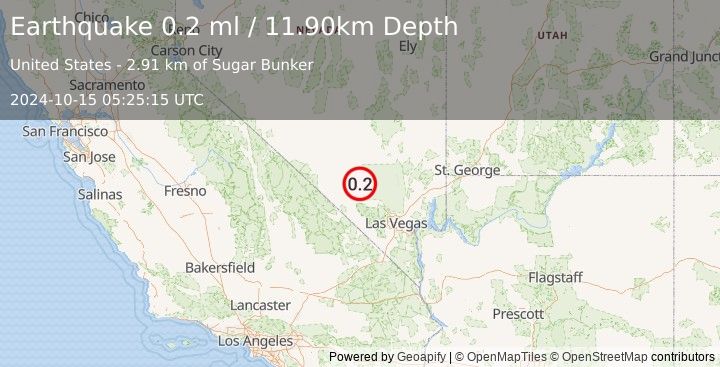 Earthquake 40 km NW of Indian Springs, Nevada (0.2 ml) (2024-10-15 05:25:15 UTC)