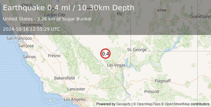 Earthquake 40 km NW of Indian Springs, Nevada (0.4 ml) (2024-10-16 12:55:29 UTC)