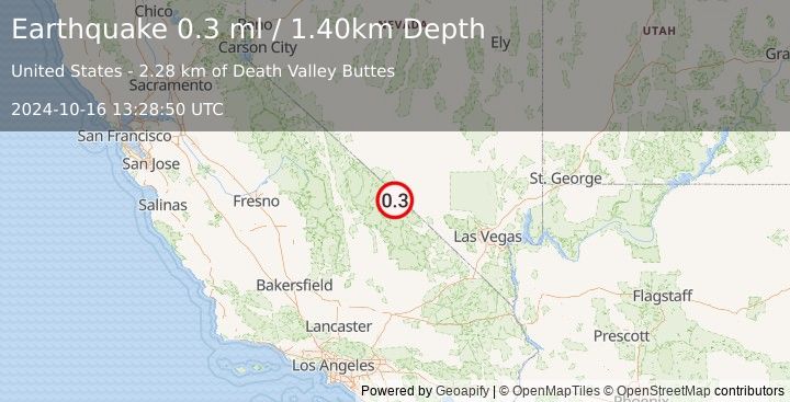 Earthquake 29 km SW of Beatty, Nevada (0.3 ml) (2024-10-16 13:28:50 UTC)