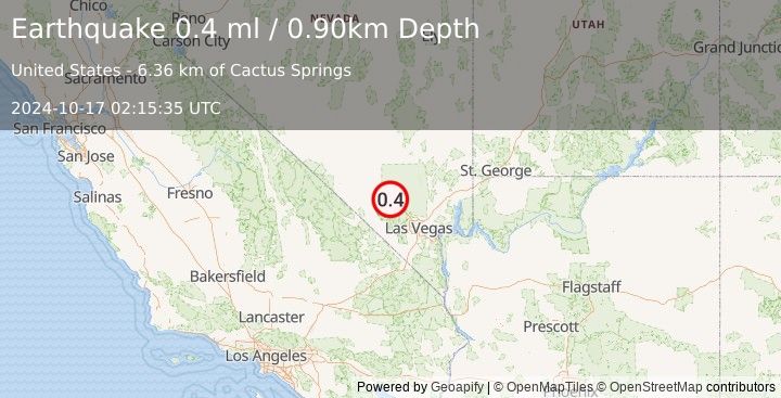 Earthquake 8 km NNW of Indian Springs, Nevada (0.4 ml) (2024-10-17 02:15:35 UTC)