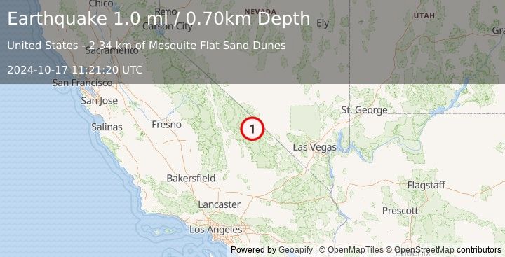 Earthquake 29 km NW of Furnace Creek, California (1.0 ml) (2024-10-17 11:21:20 UTC)