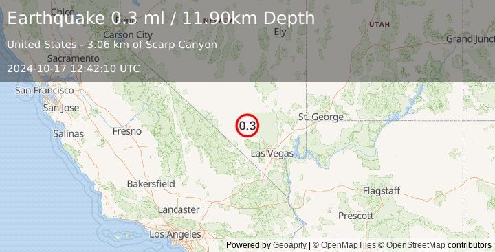 Earthquake 40 km NW of Indian Springs, Nevada (0.3 ml) (2024-10-17 12:42:10 UTC)