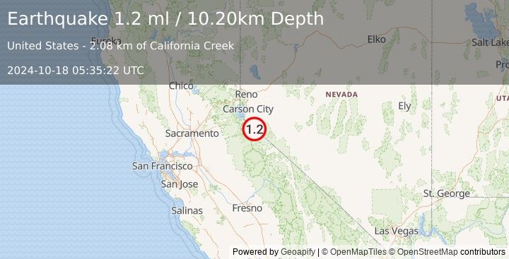 Earthquake 3 km SSW of Topaz Lake, Nevada (1.2 ml) (2024-10-18 05:35:22 UTC)