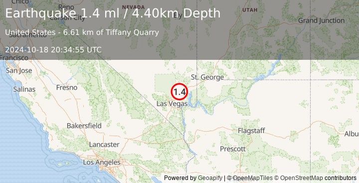 Earthquake 22 km WSW of Moapa Town, Nevada (1.4 ml) (2024-10-18 20:34:55 UTC)