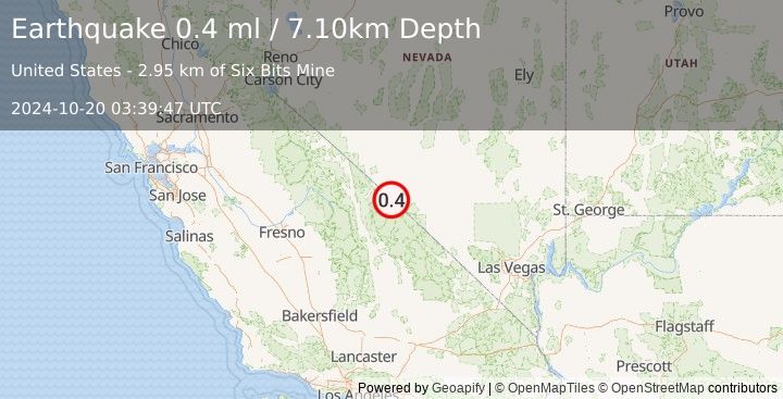 Earthquake 55 km S of Silver Peak, Nevada (0.4 ml) (2024-10-20 03:39:47 UTC)