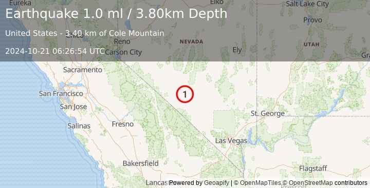 Earthquake 11 km ENE of Goldfield, Nevada (1.0 ml) (2024-10-21 06:26:54 UTC)