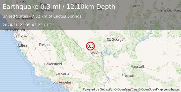 Earthquake 10 km NW of Indian Springs, Nevada (0.3 ml) (2024-10-22 05:43:23 UTC)