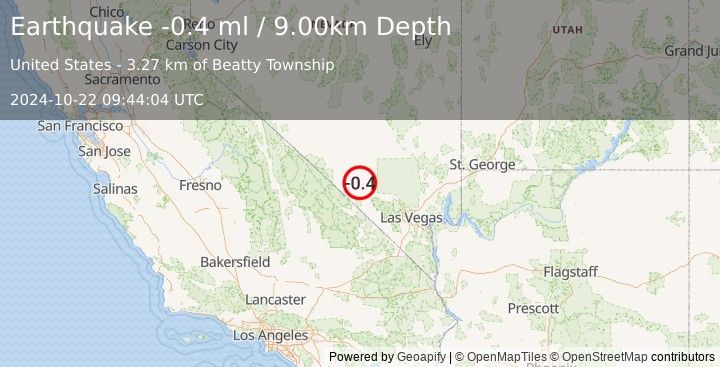 Earthquake 46 km ESE of Beatty, Nevada (-0.4 ml) (2024-10-22 09:44:04 UTC)