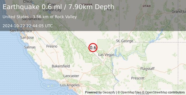 Earthquake 51 km SE of Beatty, Nevada (0.6 ml) (2024-10-22 22:44:05 UTC)