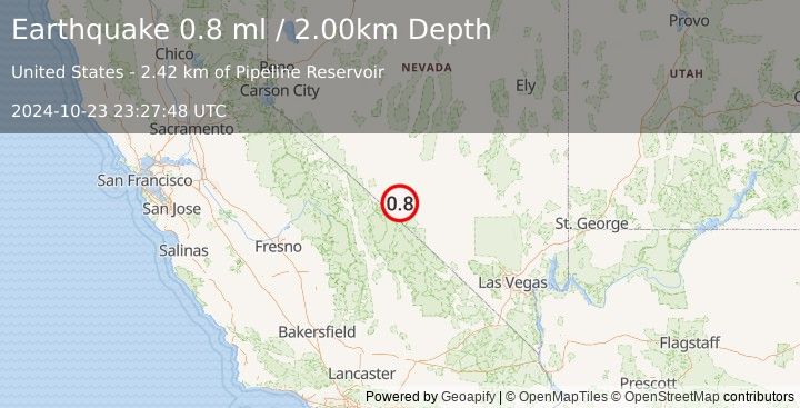 Earthquake 36 km SSW of Goldfield, Nevada (0.8 ml) (2024-10-23 23:27:48 UTC)