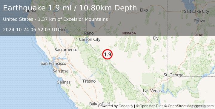 Earthquake 30 km SSE of Hawthorne, Nevada (1.9 ml) (2024-10-24 06:52:03 UTC)