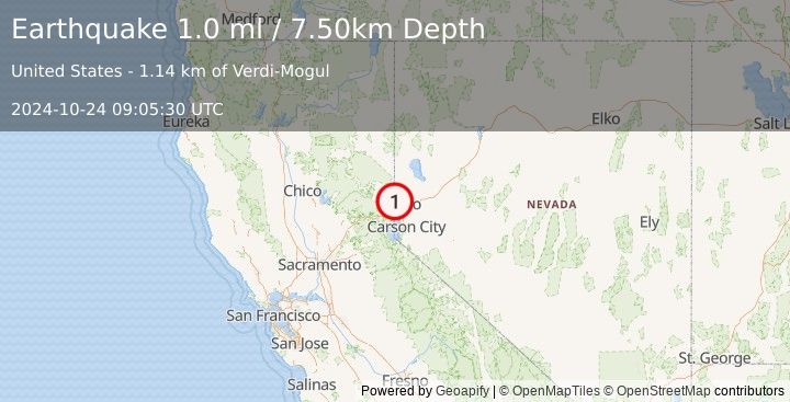 Earthquake 5 km NNE of Verdi, California (1.0 ml) (2024-10-24 09:05:30 UTC)