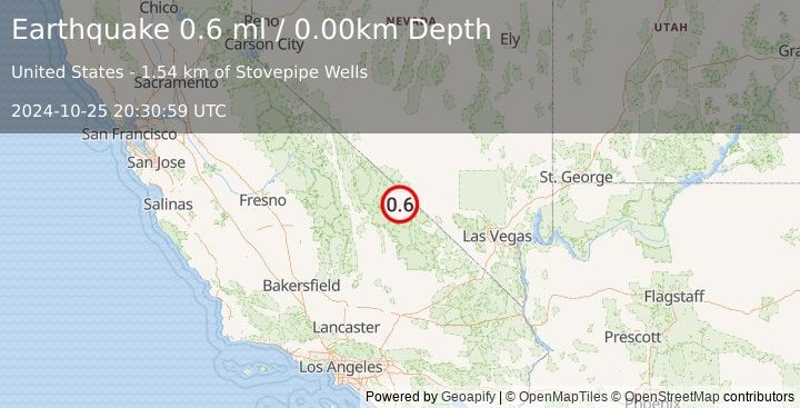 Earthquake 31 km NW of Furnace Creek, California (0.6 ml) (2024-10-25 20:30:59 UTC)