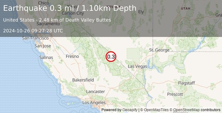 Earthquake 31 km SW of Beatty, Nevada (0.3 ml) (2024-10-26 09:27:28 UTC)