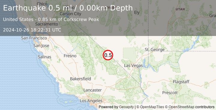 Earthquake 26 km SW of Beatty, Nevada (0.5 ml) (2024-10-26 18:22:31 UTC)