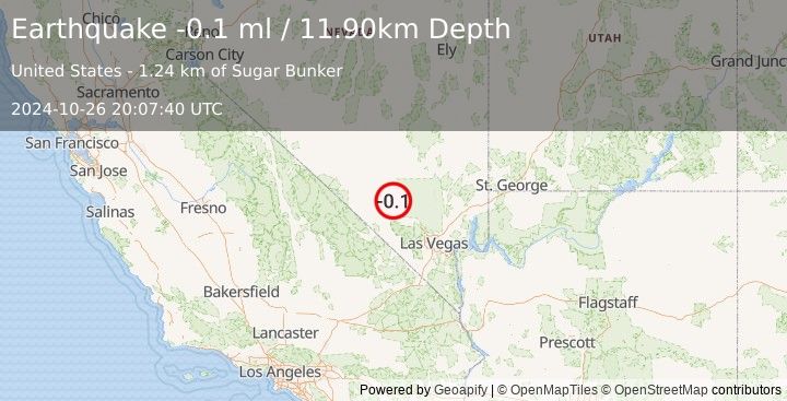 Earthquake 40 km NW of Indian Springs, Nevada (-0.1 ml) (2024-10-26 20:07:40 UTC)