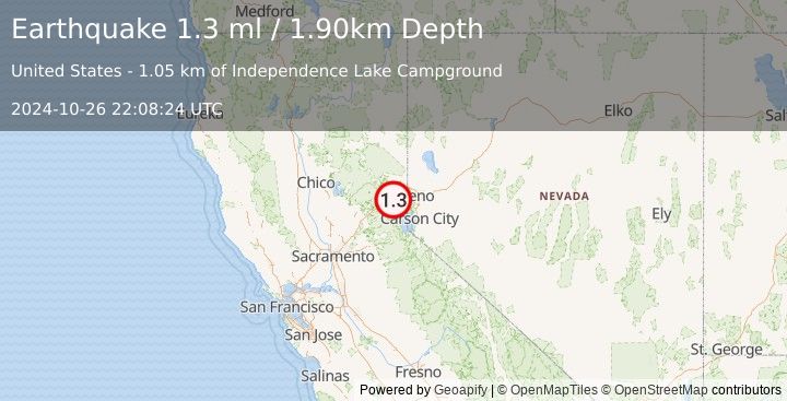 Earthquake 15 km NNW of Truckee, California (1.3 ml) (2024-10-26 22:08:24 UTC)