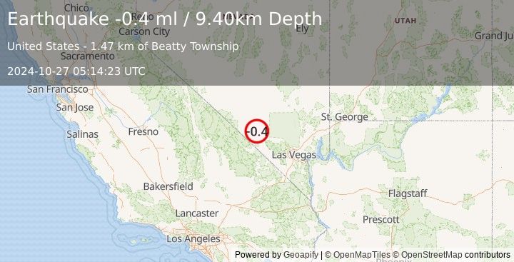 Earthquake 46 km ESE of Beatty, Nevada (-0.4 ml) (2024-10-27 05:14:23 UTC)