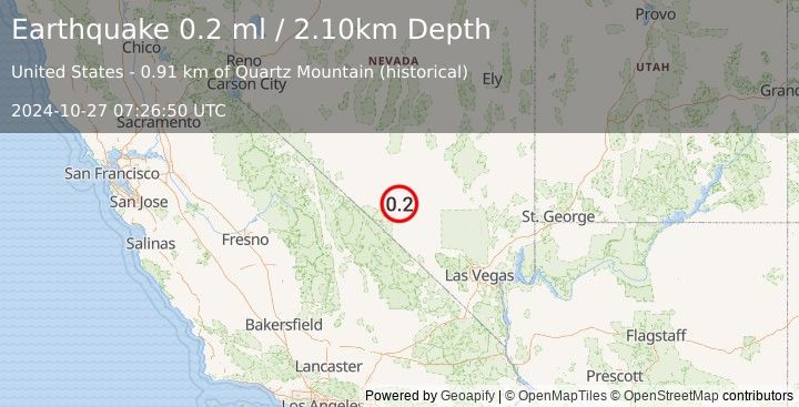 Earthquake 43 km N of Beatty, Nevada (0.2 ml) (2024-10-27 07:26:50 UTC)