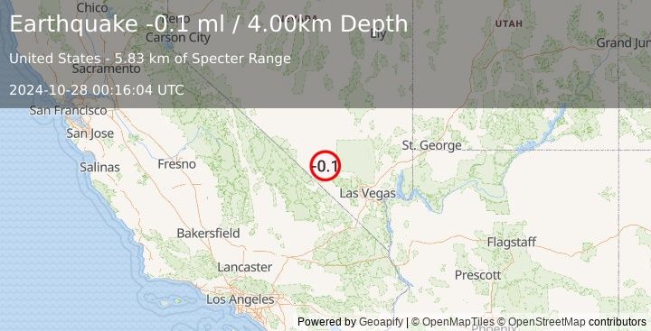 Earthquake 46 km WNW of Indian Springs, Nevada (-0.1 ml) (2024-10-28 00:16:04 UTC)