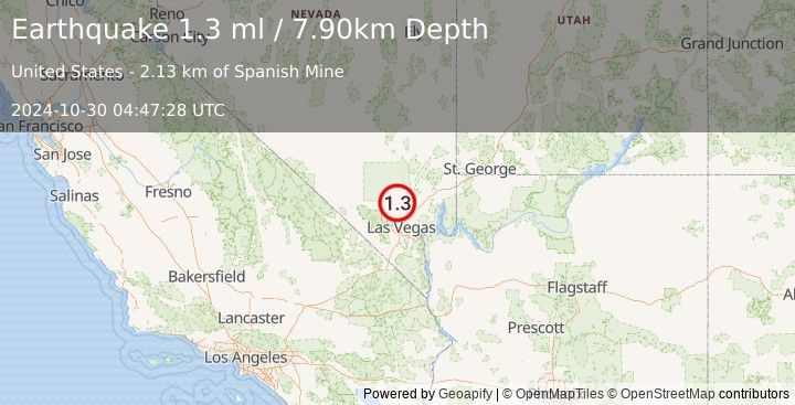 Earthquake 37 km NNW of Nellis Air Force Base, Nevada (1.3 ml) (2024-10-30 04:47:28 UTC)